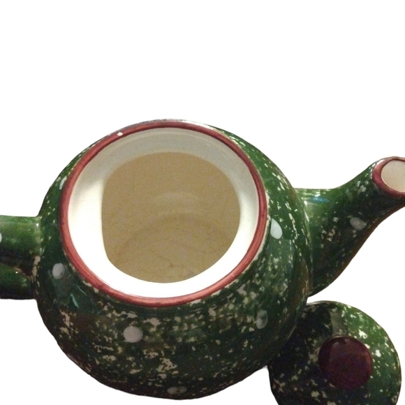Cabin in the Woods Winter Teapot Spongeware Green & White Chance Hold Ceramic - Picture 4 of 11
